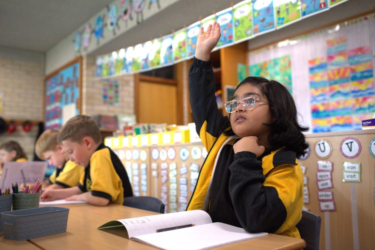 student raising hand in class